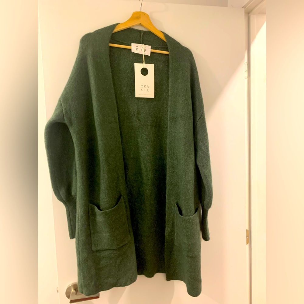 NWT OKAKIE (formerly Workhall) mid length green cardigan